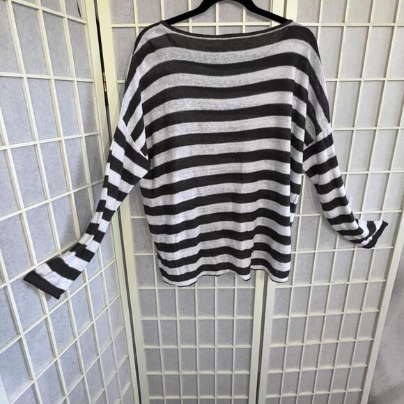 Eileen Fisher Organic Linen Striped Relaxe Top Gray White Boatneck Casual Mediu - Picture 2 of 10
